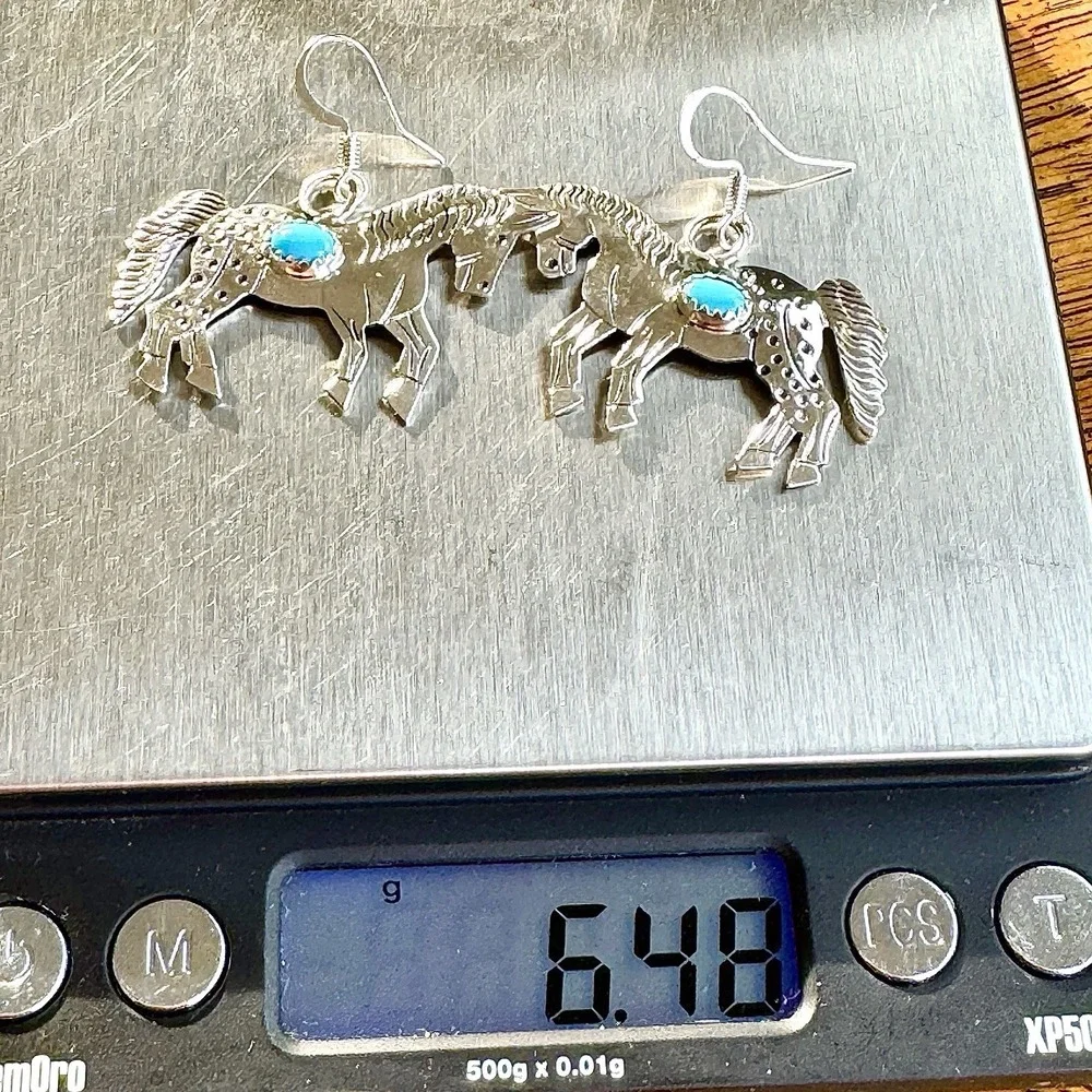 Running Horse Turquoise Navajo‎ Earrings 1.5in Sterling Signed L Yazzie Handmade